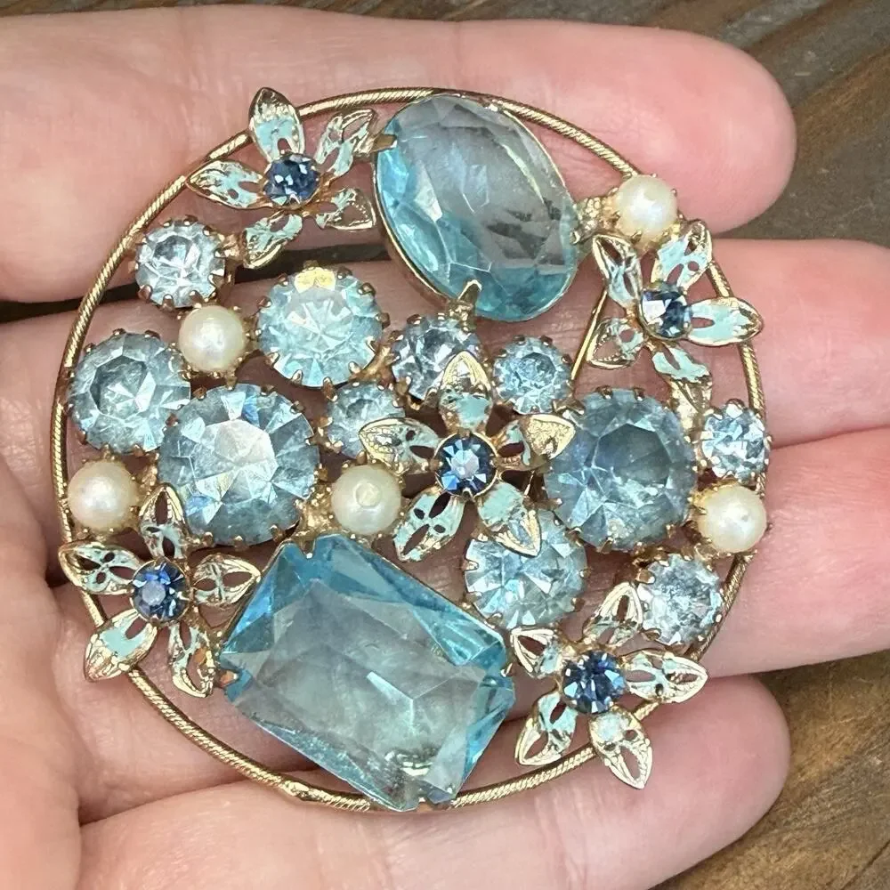 Vintage Weiss Blue Glass Rhinestone Forget Me Not Enamel Floral Brooch